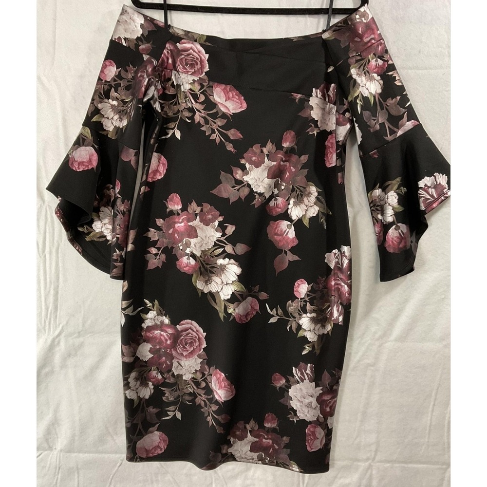 Bebe Dress Womens 14 Black Floral Off Shoulder Bell Sleeve Sheath Knit Party